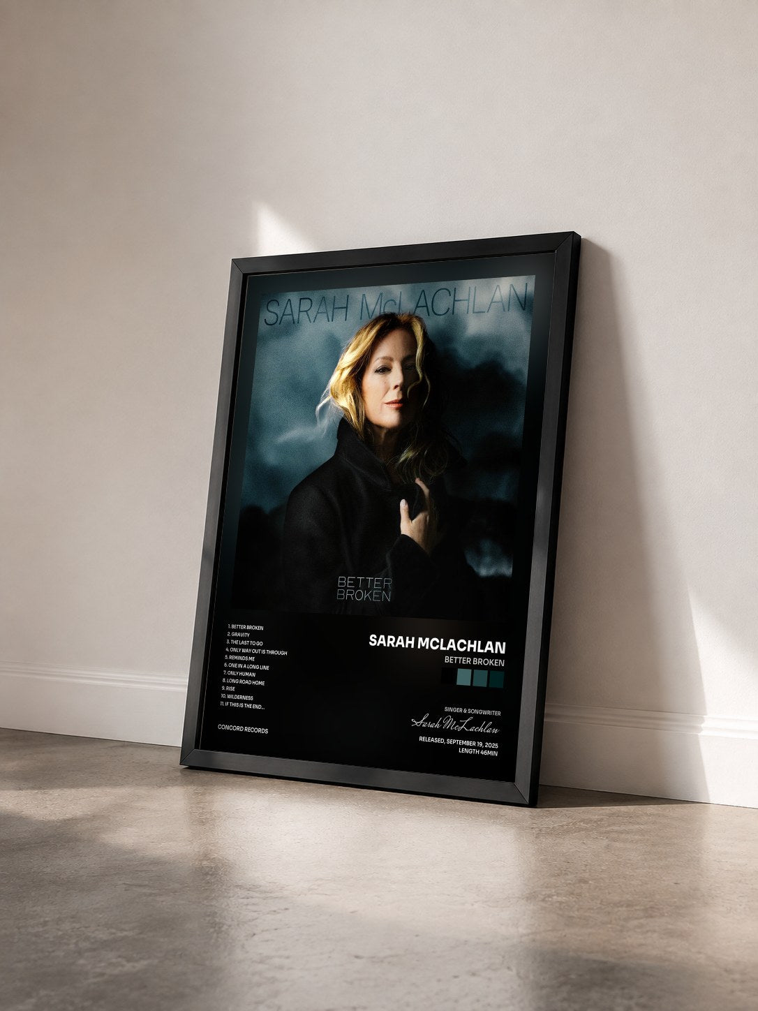 #noir Tableau de l'album Better Broken de Sarah McLachlan vu de trois quarts, cadre noir