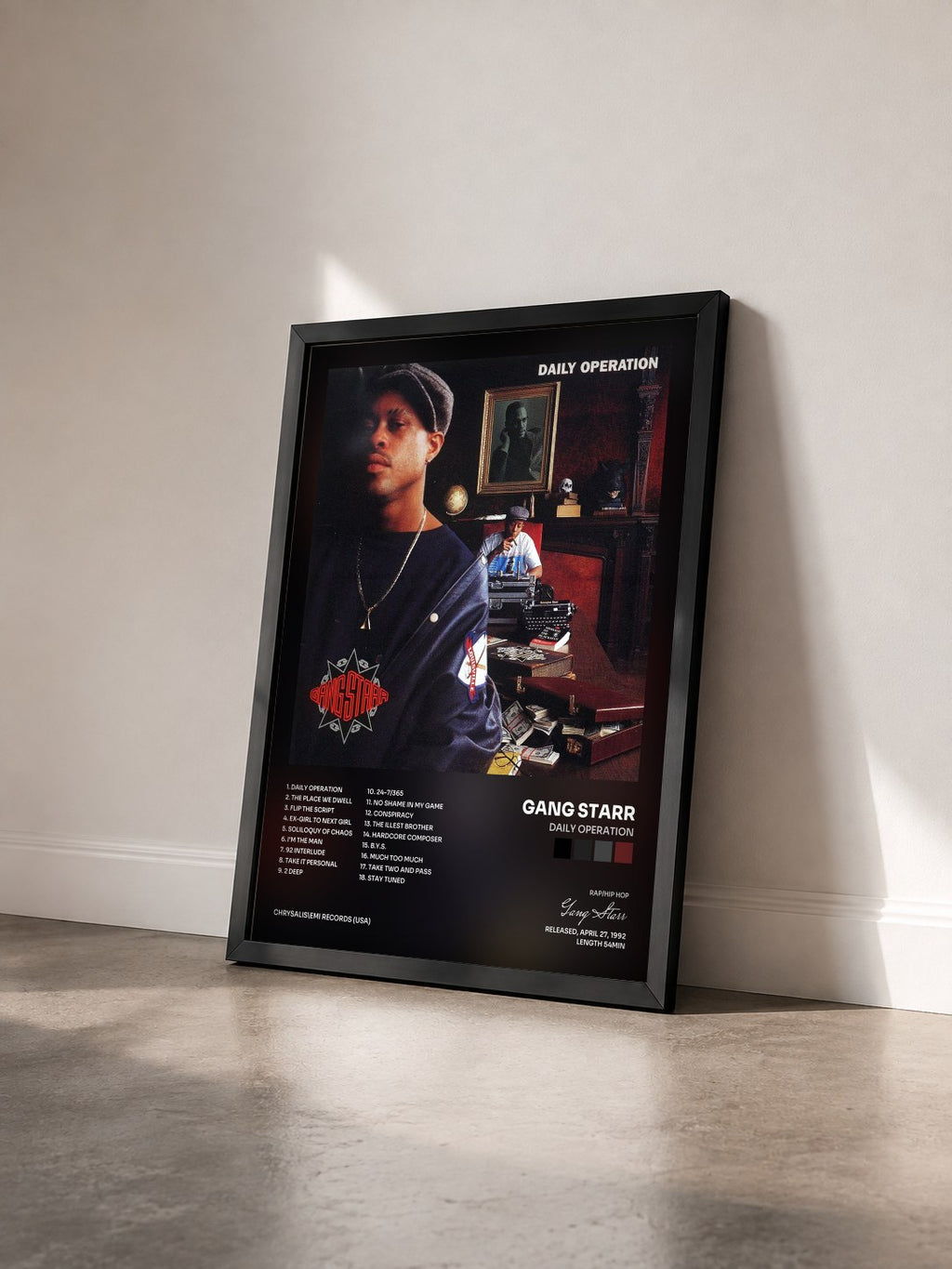 #noir Tableau de l'album Daily Operation de Gang Starr vu de trois quarts, cadre noir