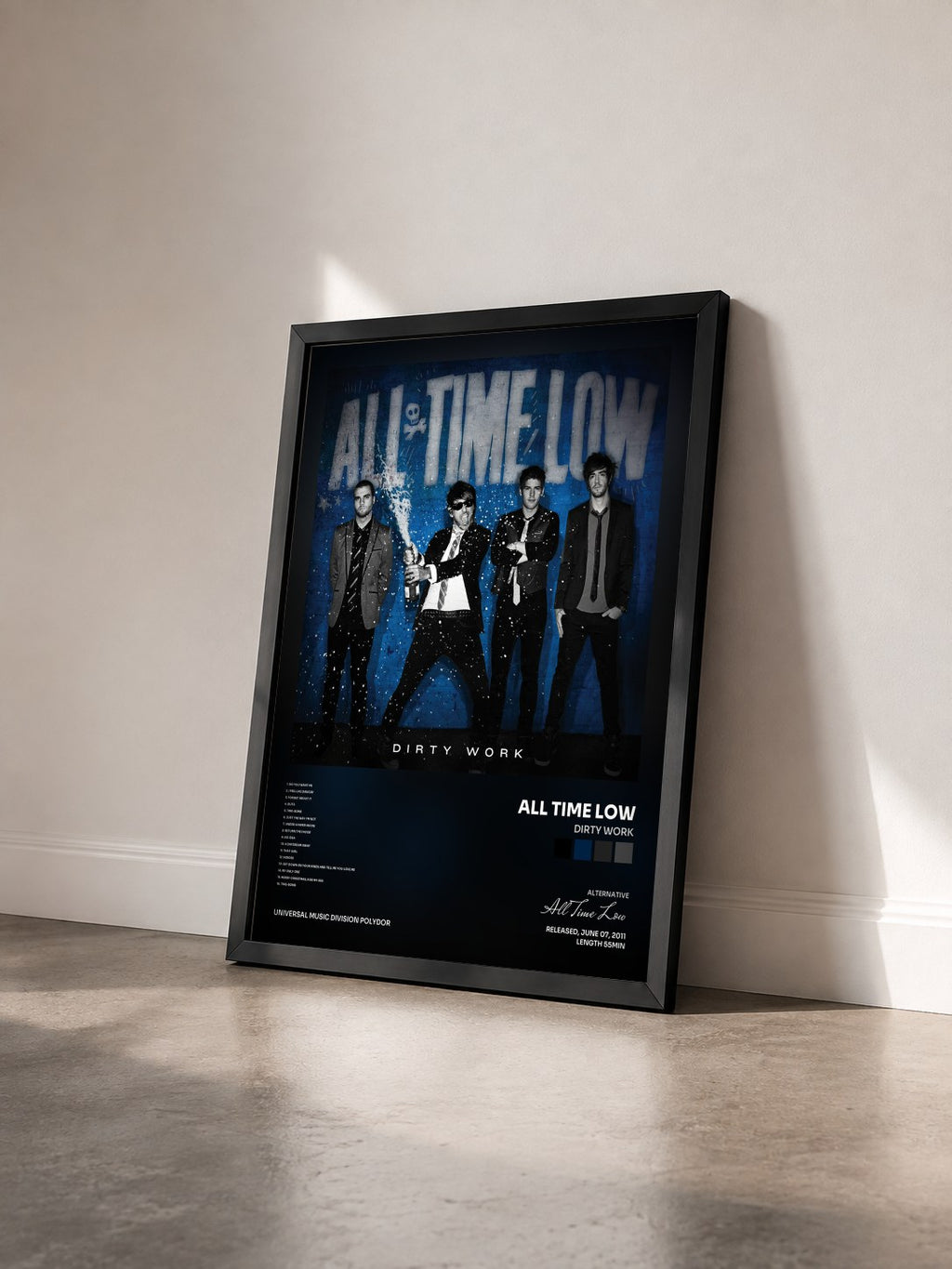 #noir Tableau de l'album Dirty Work de All Time Low vu de trois quarts, cadre noir