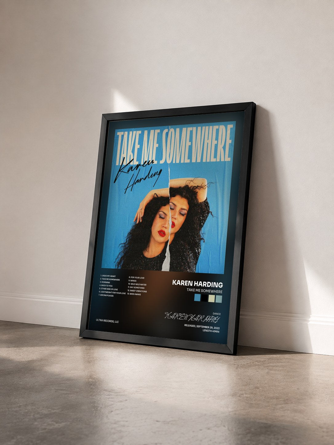 #noir Tableau de l'album Take Me Somewhere de KAREN HARDING vu de trois quarts, cadre noir