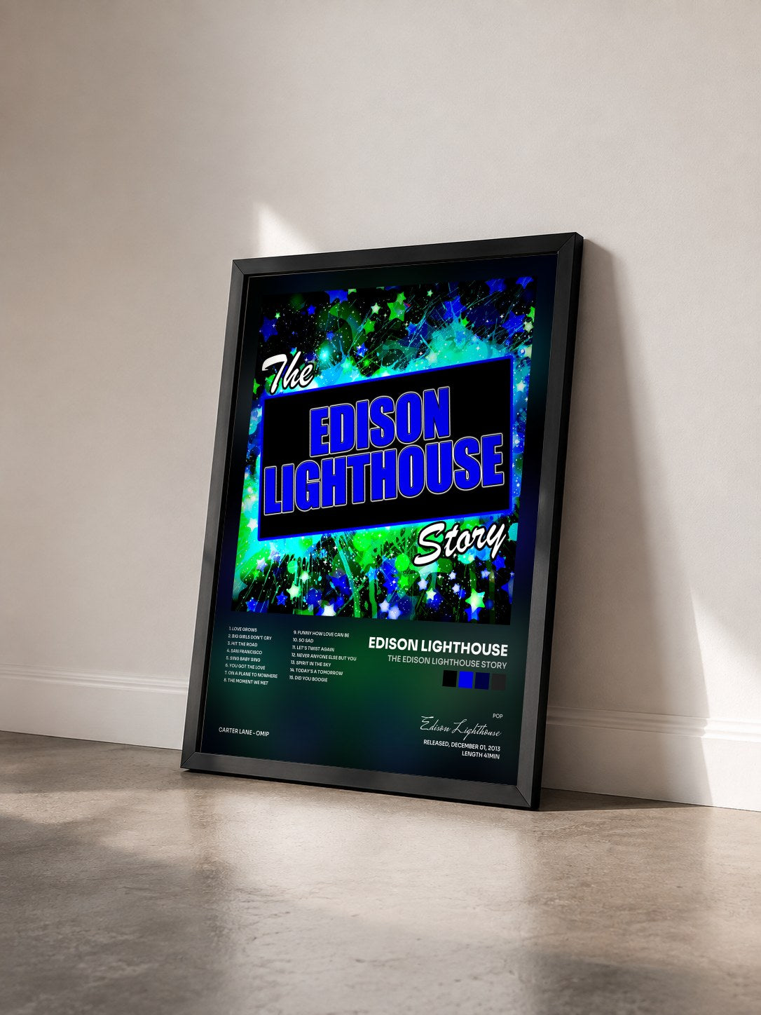 #noir Tableau de l'album The Edison Lighthouse Story de Edison Lighthouse vu de trois quarts, cadre noir