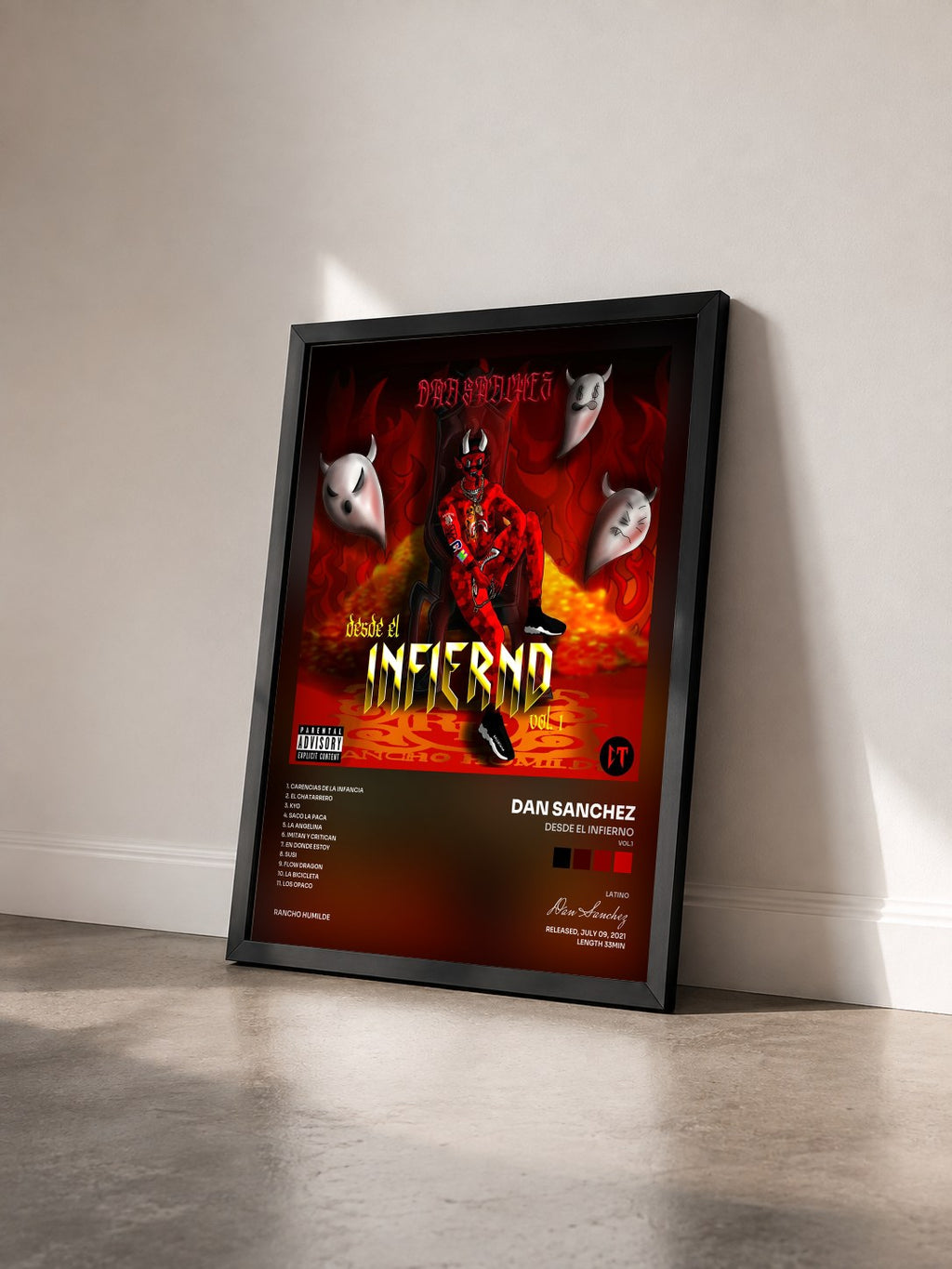 #noir Tableau de l'album Desde El Infierno (Vol.1) de Dan Sanchez vu de trois quarts, cadre noir