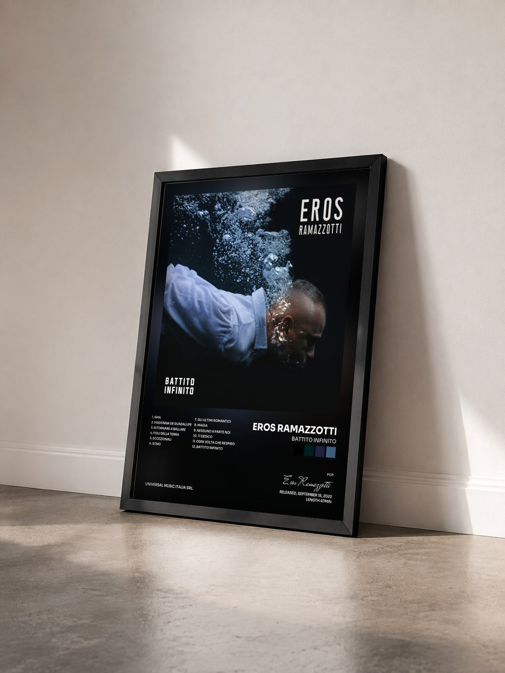 #noir Tableau de l'album Battito Infinito de Eros Ramazzotti vu de trois quarts, cadre noir