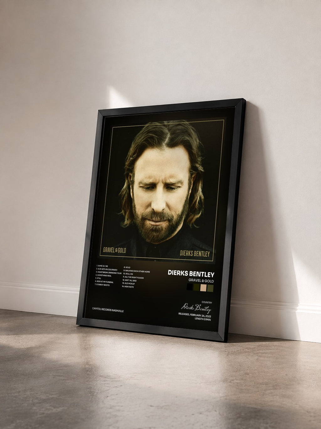 #noir Tableau de l'album Gravel & Gold de Dierks Bentley vu de trois quarts, cadre noir