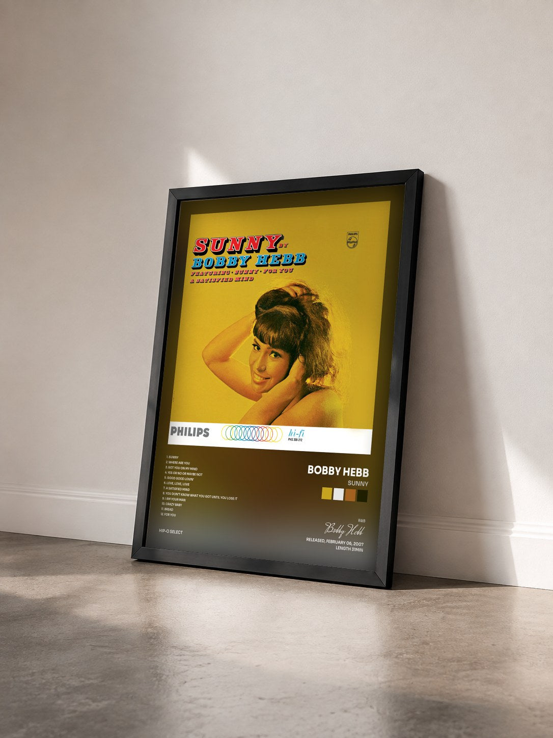 #noir Tableau de l'album Sunny de Bobby Hebb vu de trois quarts, cadre noir