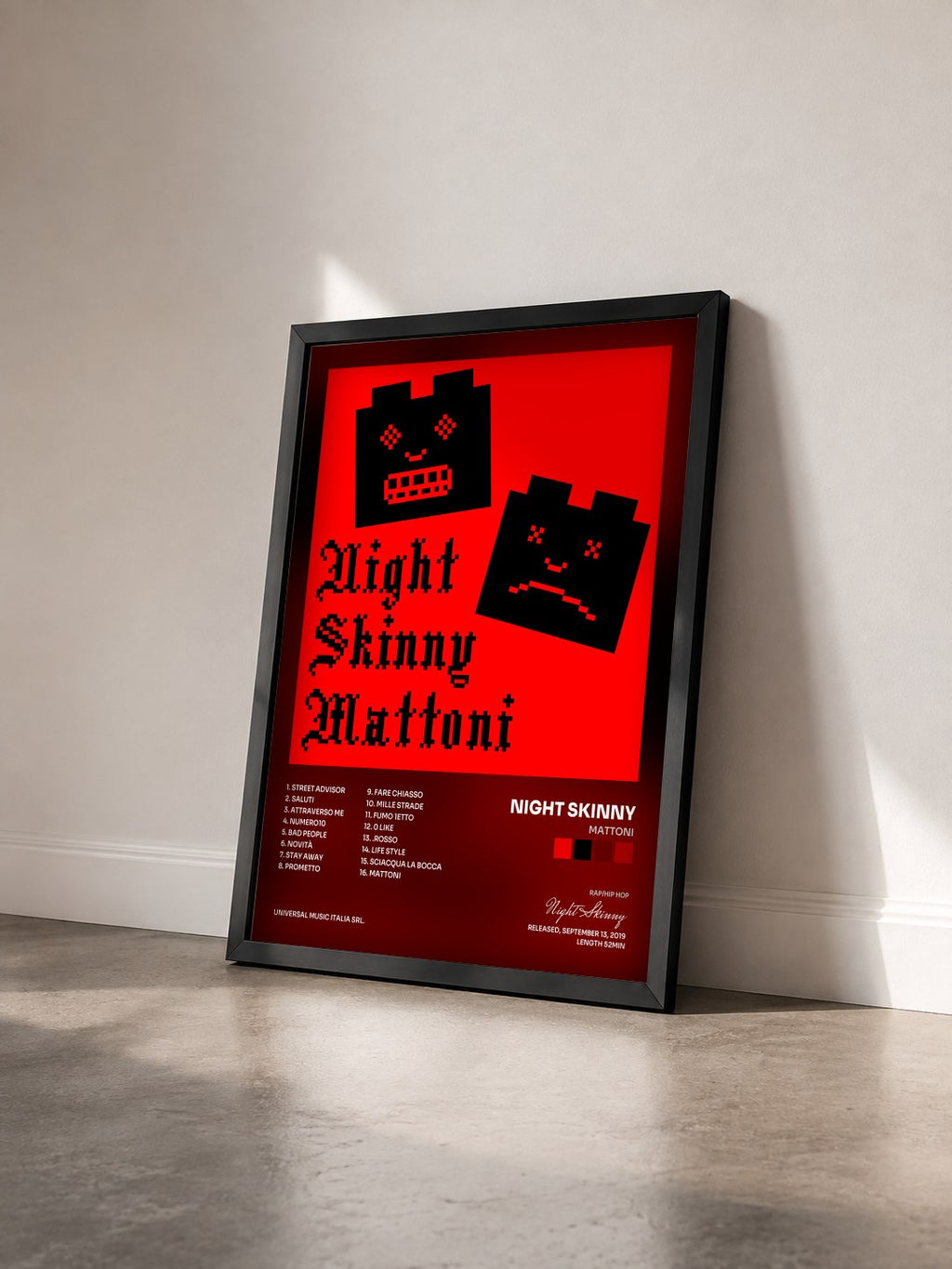 #noir Tableau de l'album Mattoni de Night Skinny vu de trois quarts, cadre noir