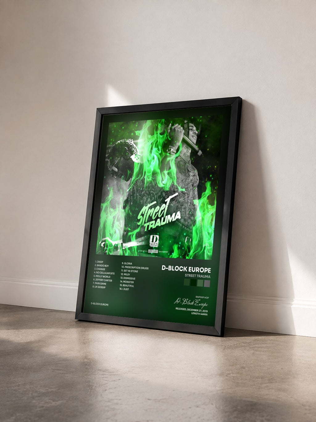 #noir Tableau de l'album Street Trauma de D-Block Europe vu de trois quarts, cadre noir