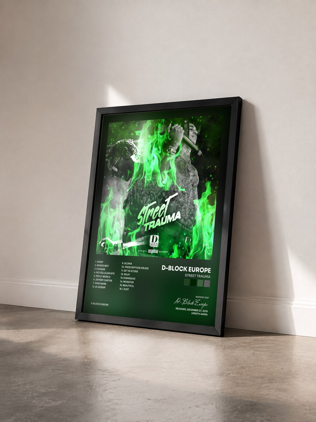 #noir Tableau de l'album Street Trauma de D-Block Europe vu de trois quarts, cadre noir