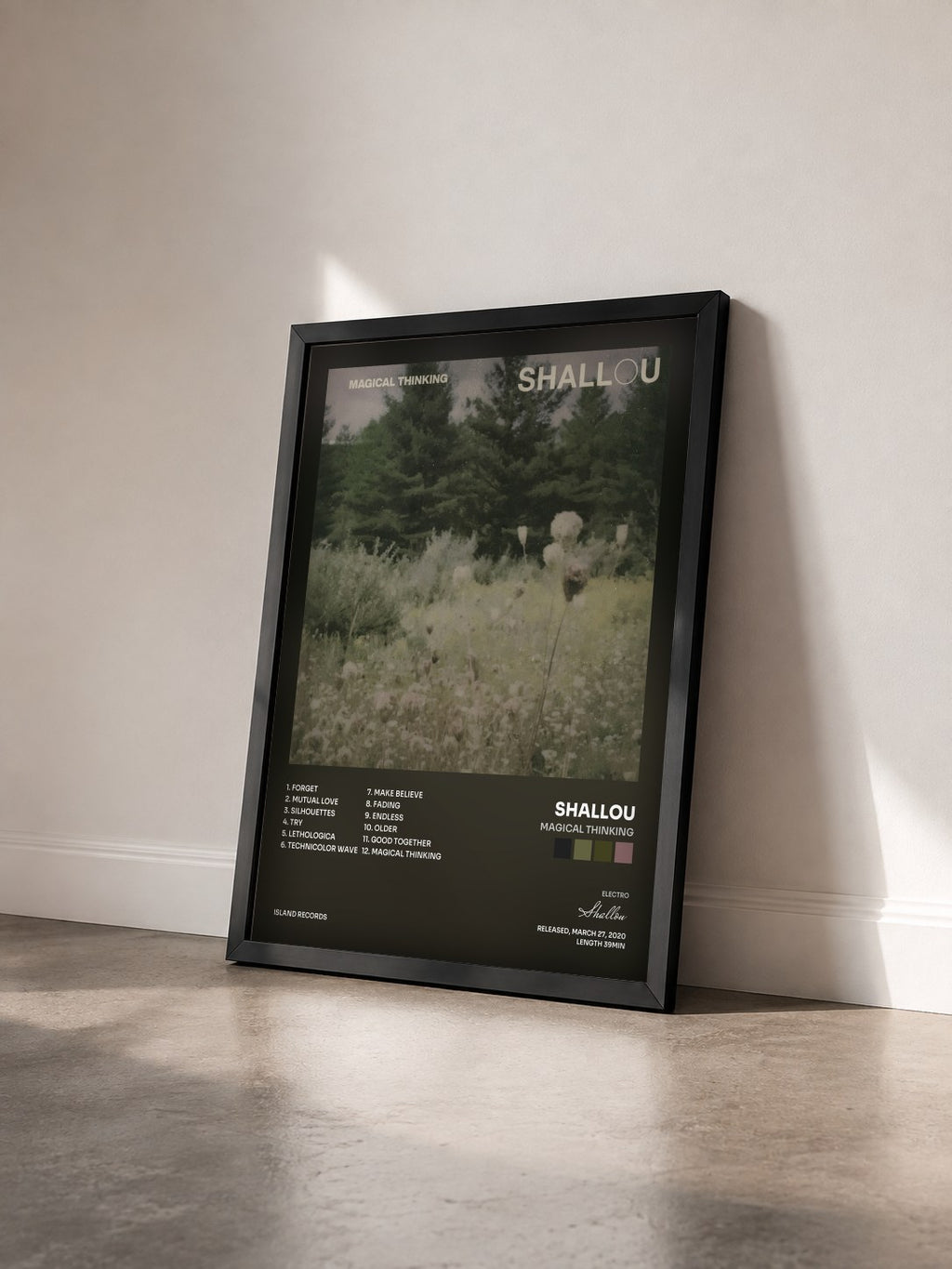 #noir Tableau de l'album Magical Thinking de Shallou vu de trois quarts, cadre noir