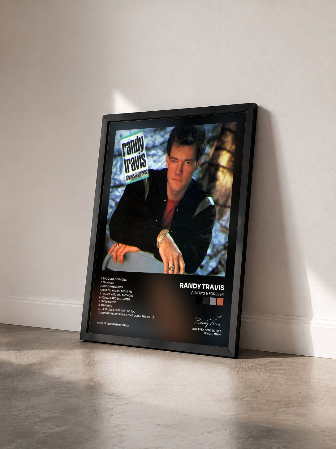 #noir Tableau de l'album Always & Forever de Randy Travis vu de trois quarts, cadre noir
