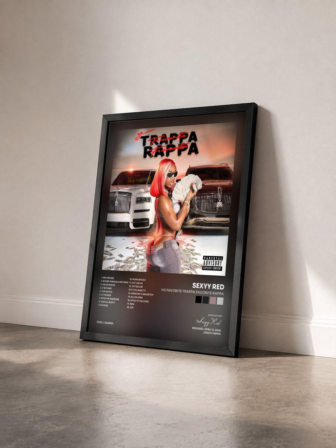 #noir Tableau de l'album Yo Favorite Trappa Favorite Rappa de Sexyy Red vu de trois quarts, cadre noir
