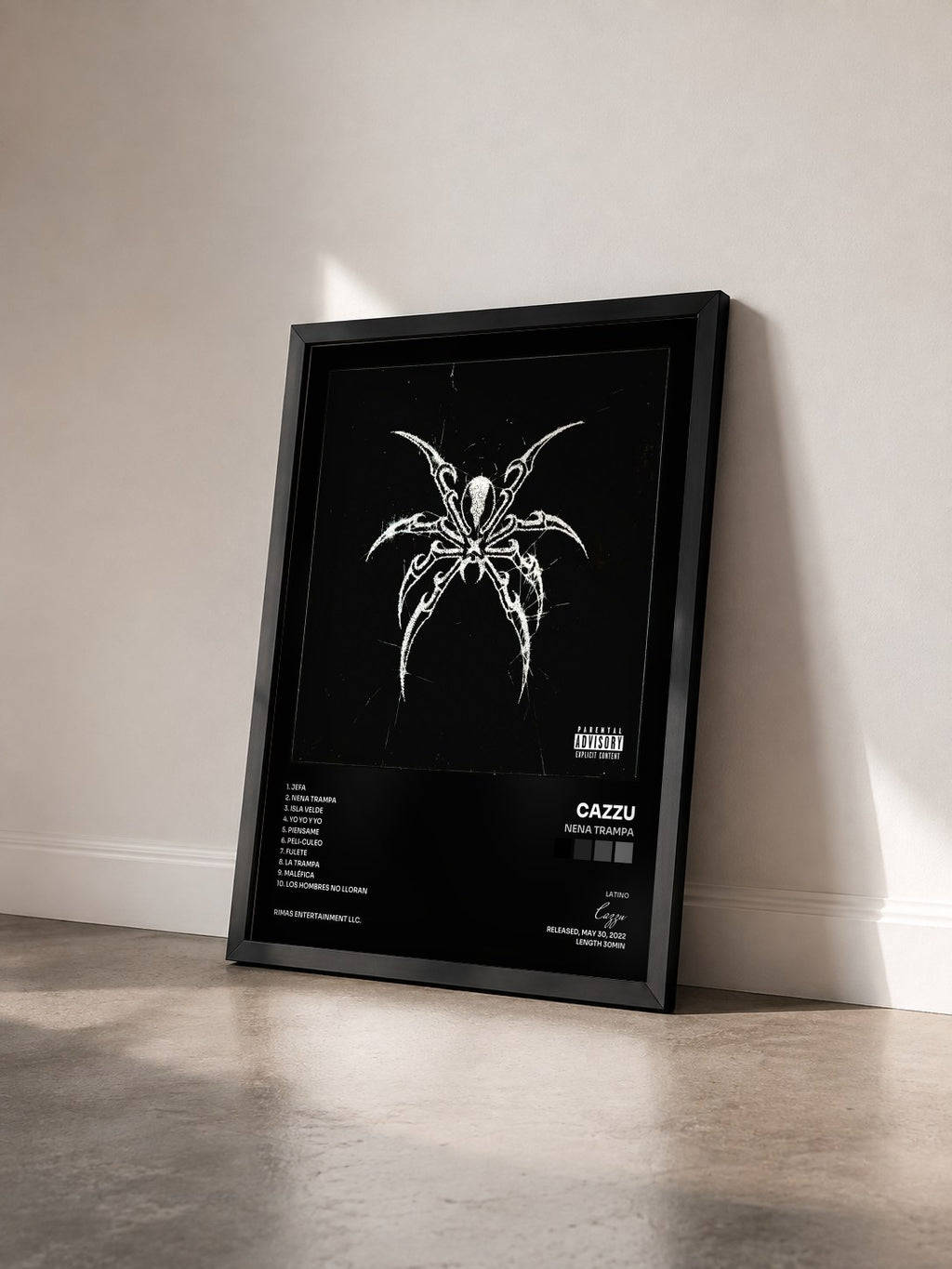 #noir Tableau de l'album Nena Trampa de Cazzu vu de trois quarts, cadre noir