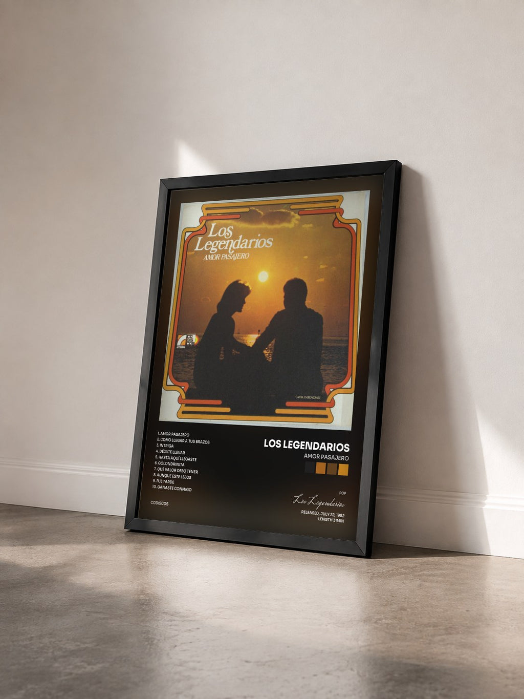 #noir Tableau de l'album Amor Pasajero de Los Legendarios vu de trois quarts, cadre noir