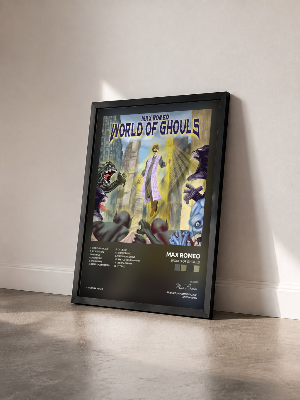 #noir Tableau de l'album World Of Ghouls de Max Romeo vu de trois quarts, cadre noir