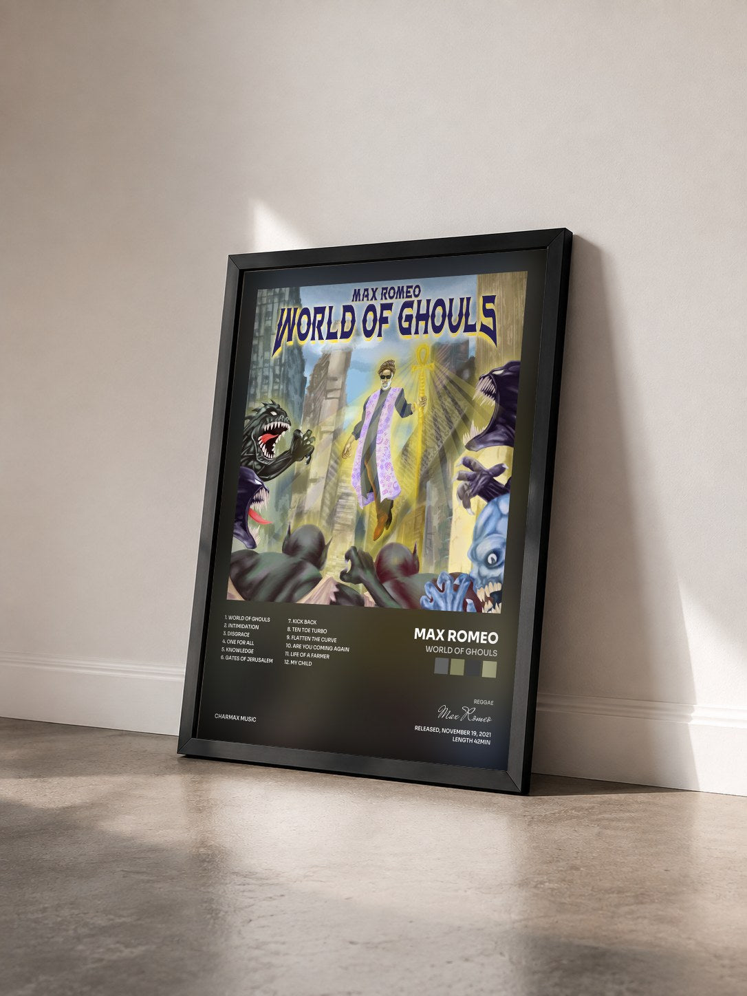 #noir Tableau de l'album World Of Ghouls de Max Romeo vu de trois quarts, cadre noir