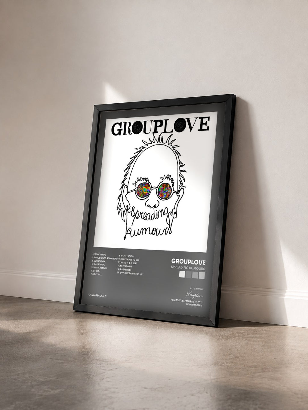 #noir Tableau de l'album Spreading Rumours de Grouplove vu de trois quarts, cadre noir