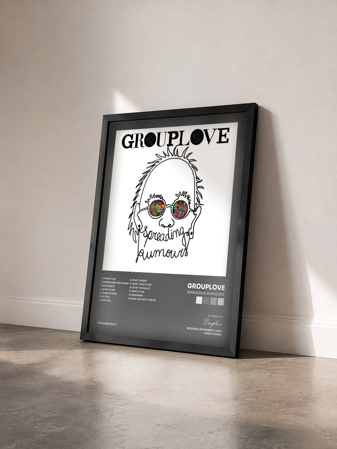 #noir Tableau de l'album Spreading Rumours de Grouplove vu de trois quarts, cadre noir