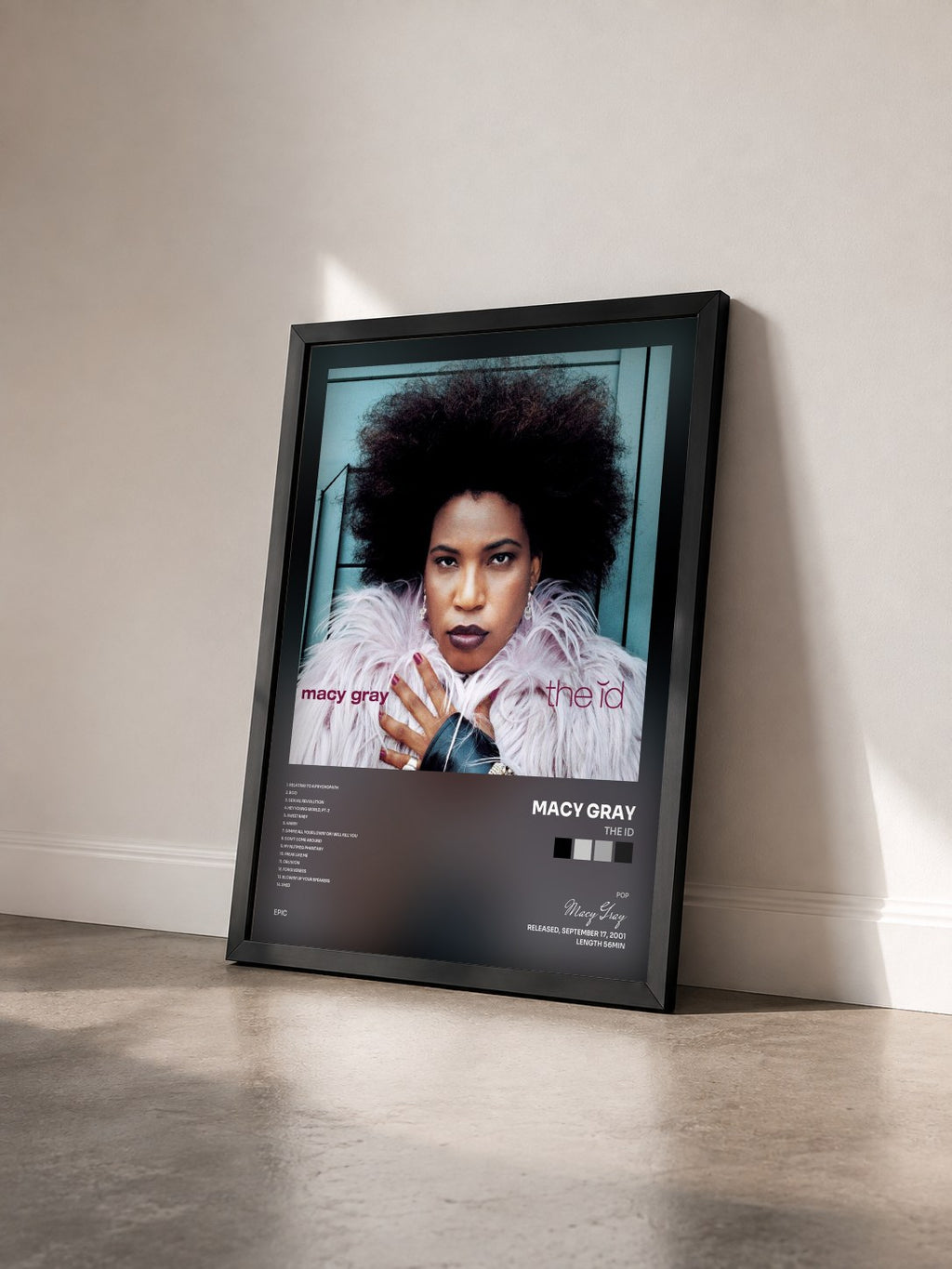 #noir Tableau de l'album the id de Macy Gray vu de trois quarts, cadre noir