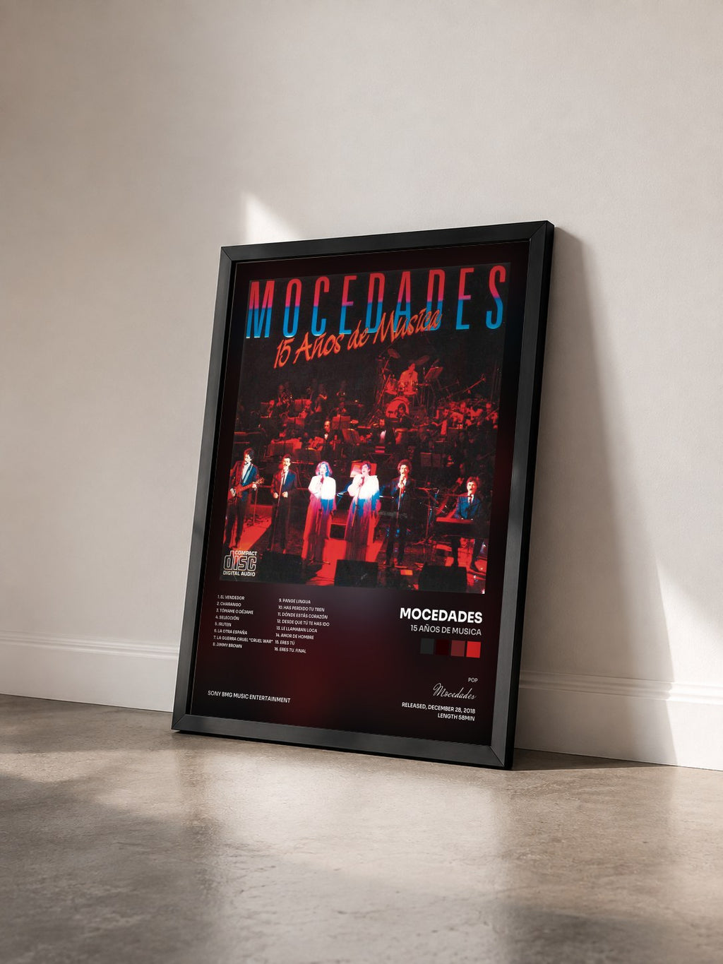 #noir 15 Años De Musica di Mocedades in stampa incorniciata vista di tre quarti, cornice nera