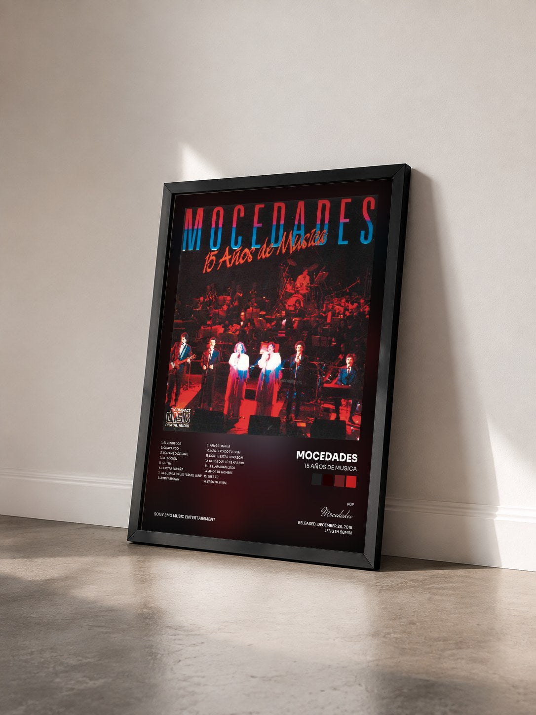 #noir Tableau de l'album 15 Años De Musica de Mocedades vu de trois quarts, cadre noir