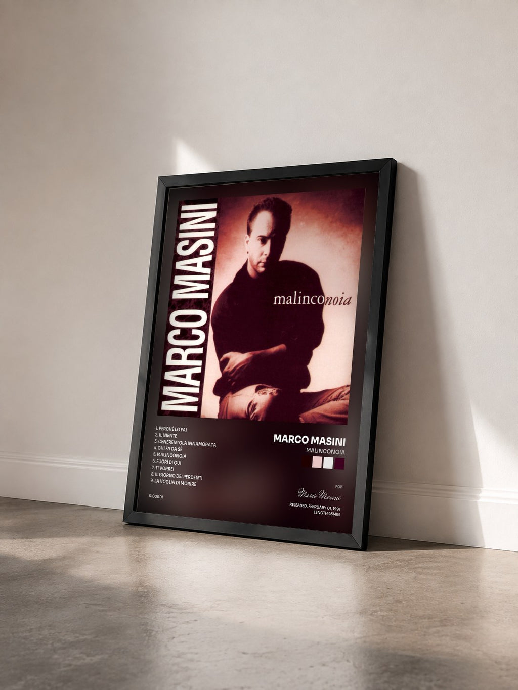 #noir Tableau de l'album Malinconoia de Marco Masini vu de trois quarts, cadre noir