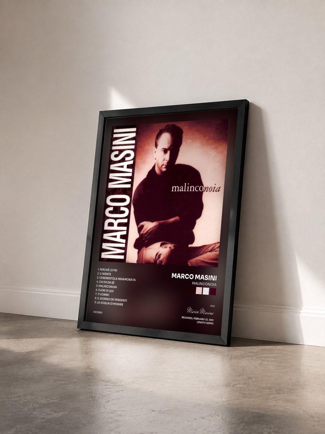 #noir Tableau de l'album Malinconoia de Marco Masini vu de trois quarts, cadre noir