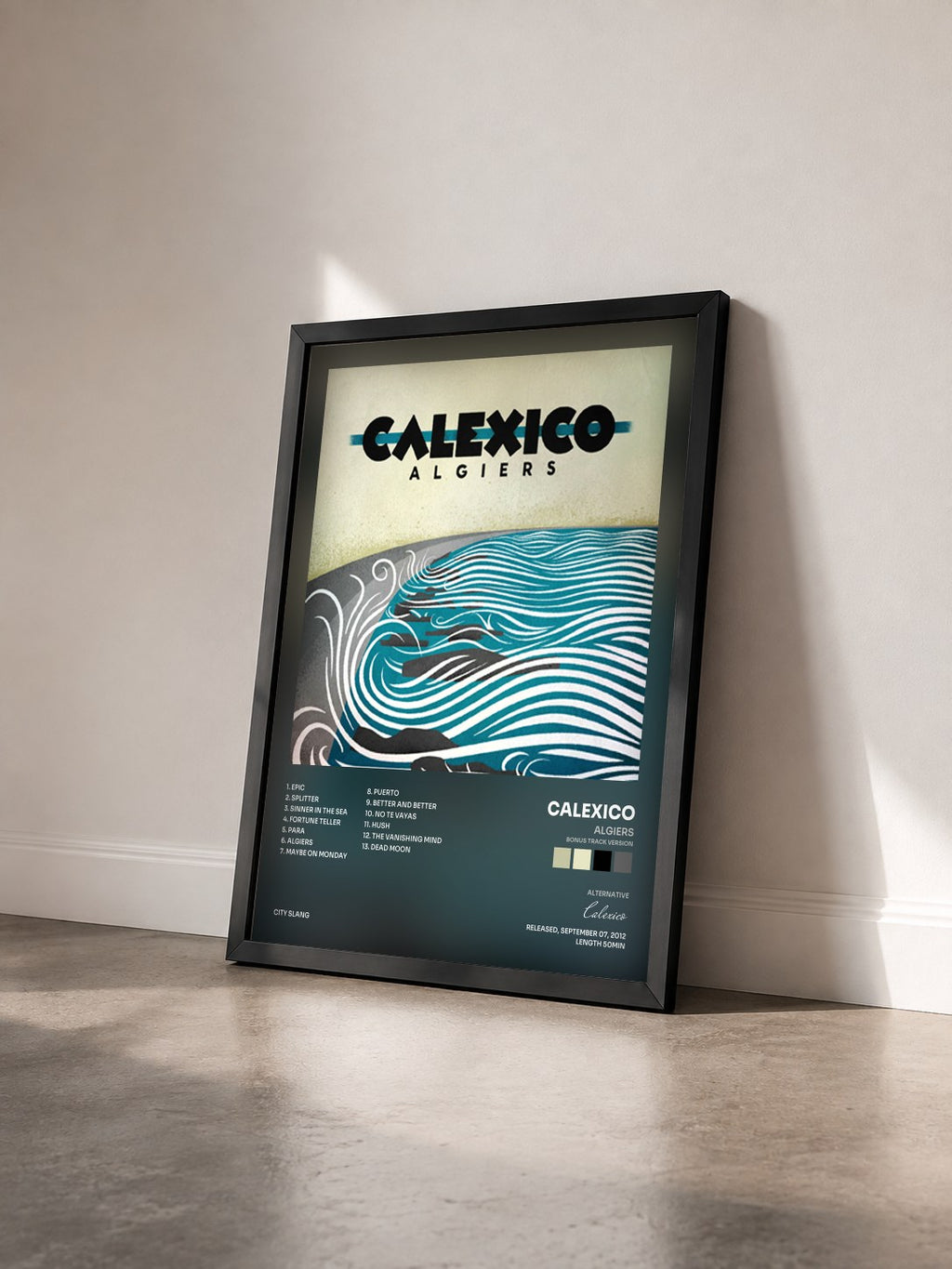 #noir Tableau de l'album Algiers (Bonus Track Version) de Calexico vu de trois quarts, cadre noir