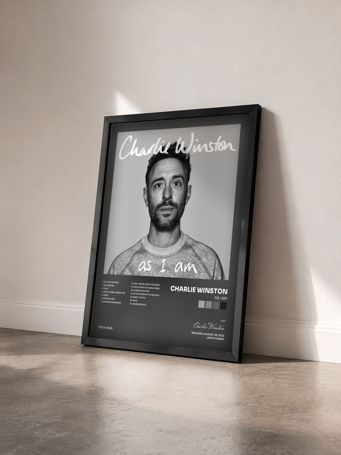 #noir Tableau de l'album As I Am de Charlie Winston vu de trois quarts, cadre noir