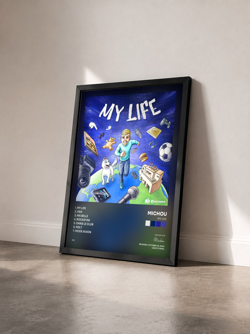 #noir Tableau de l'album My Life de Michou vu de trois quarts, cadre noir