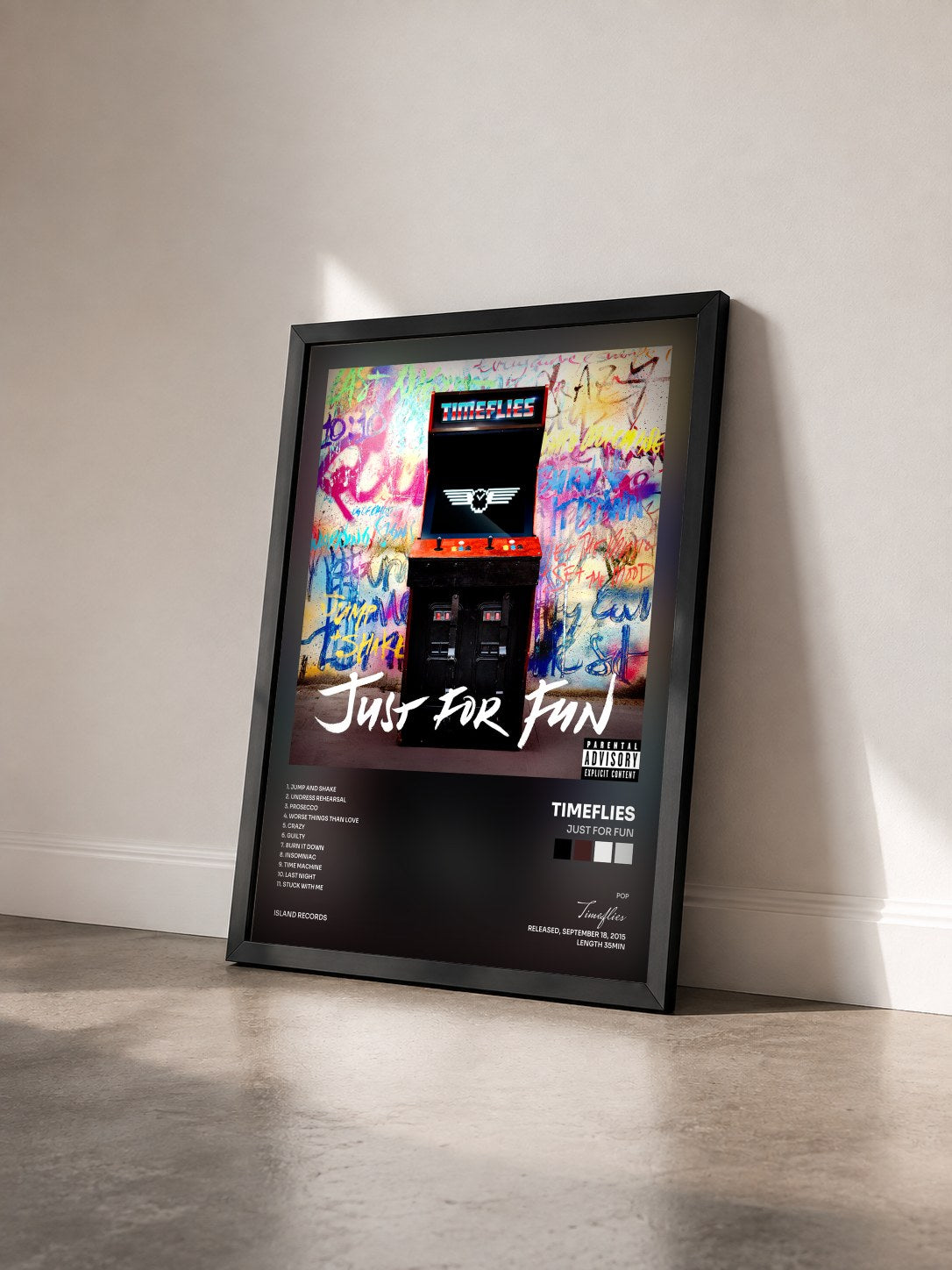 #noir Tableau de l'album Just For Fun de Timeflies vu de trois quarts, cadre noir