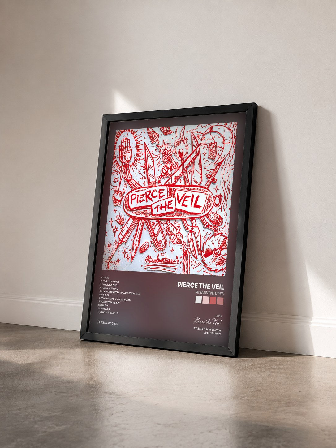 #noir Tableau de l'album Misadventures de Pierce the Veil vu de trois quarts, cadre noir