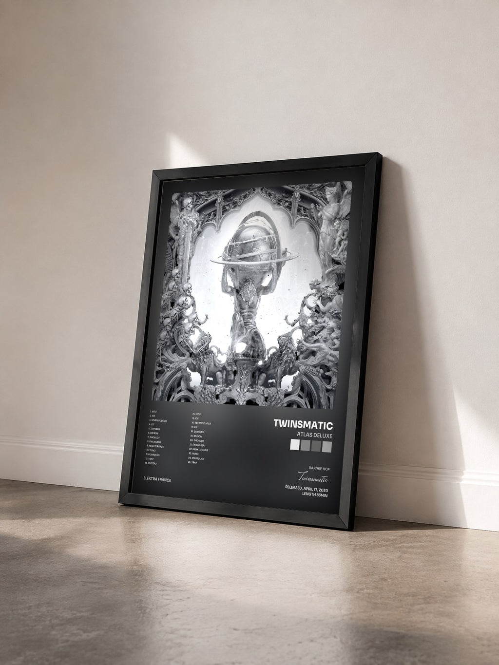 #noir Tableau de l'album ATLAS DELUXE de Twinsmatic vu de trois quarts, cadre noir