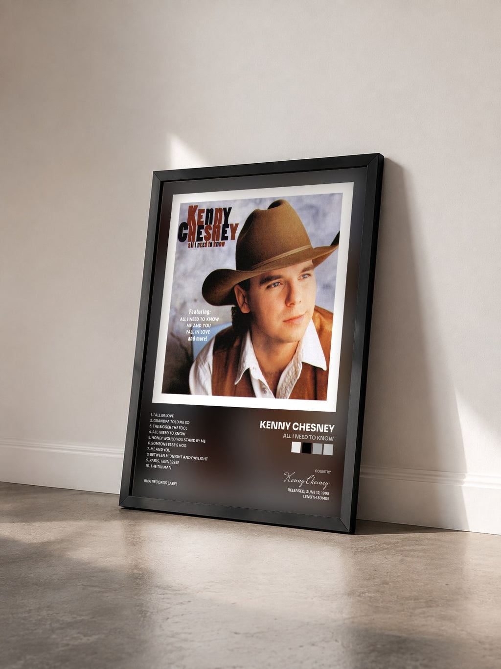 #noir Tableau de l'album All I Need To Know de Kenny Chesney vu de trois quarts, cadre noir