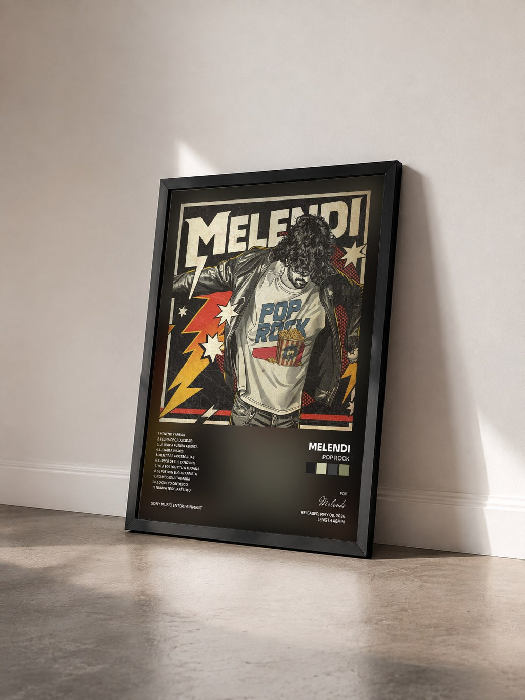 #noir Tableau de l'album Pop Rock de Melendi vu de trois quarts, cadre noir