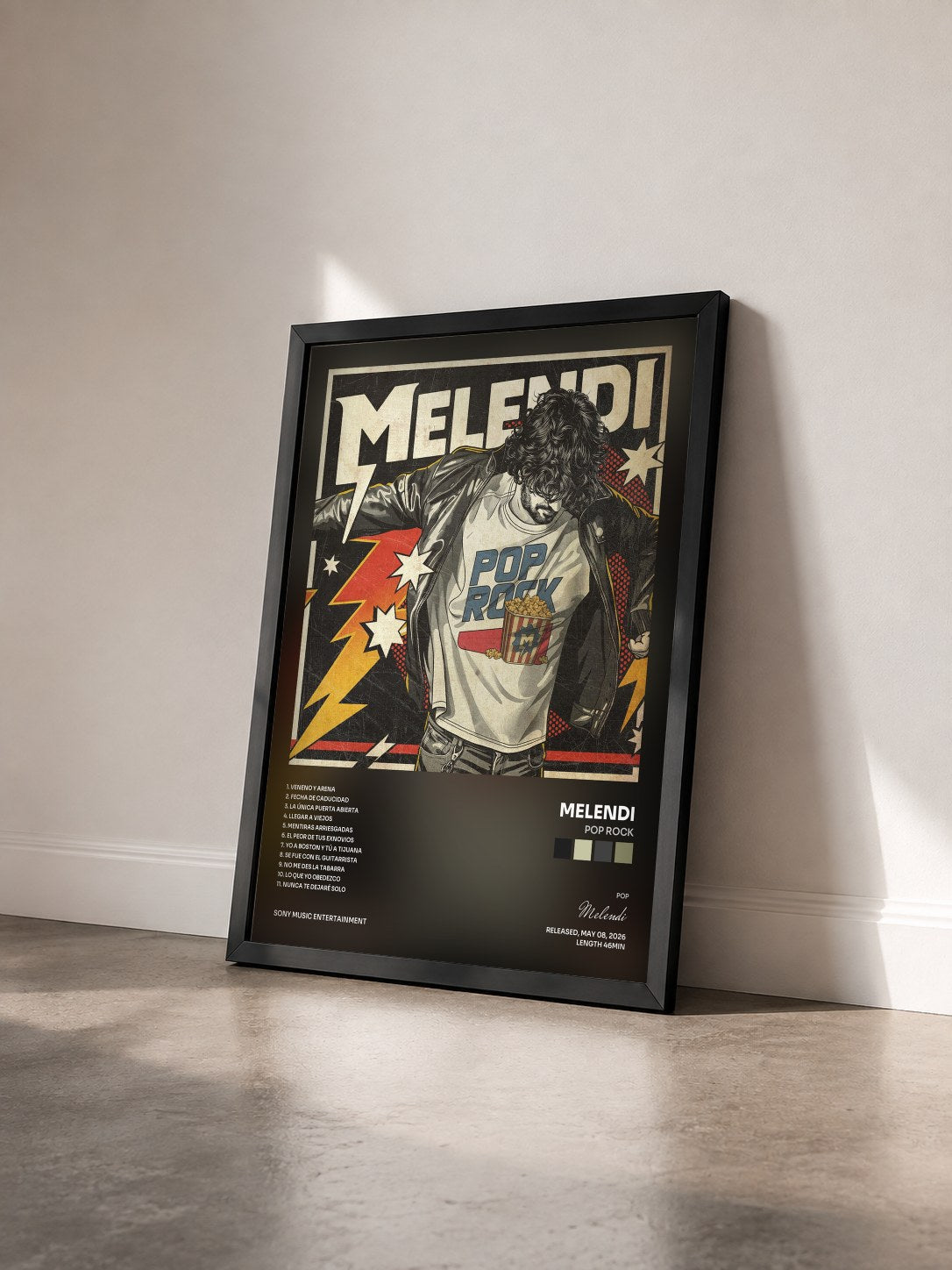 #noir Tableau de l'album Pop Rock de Melendi vu de trois quarts, cadre noir