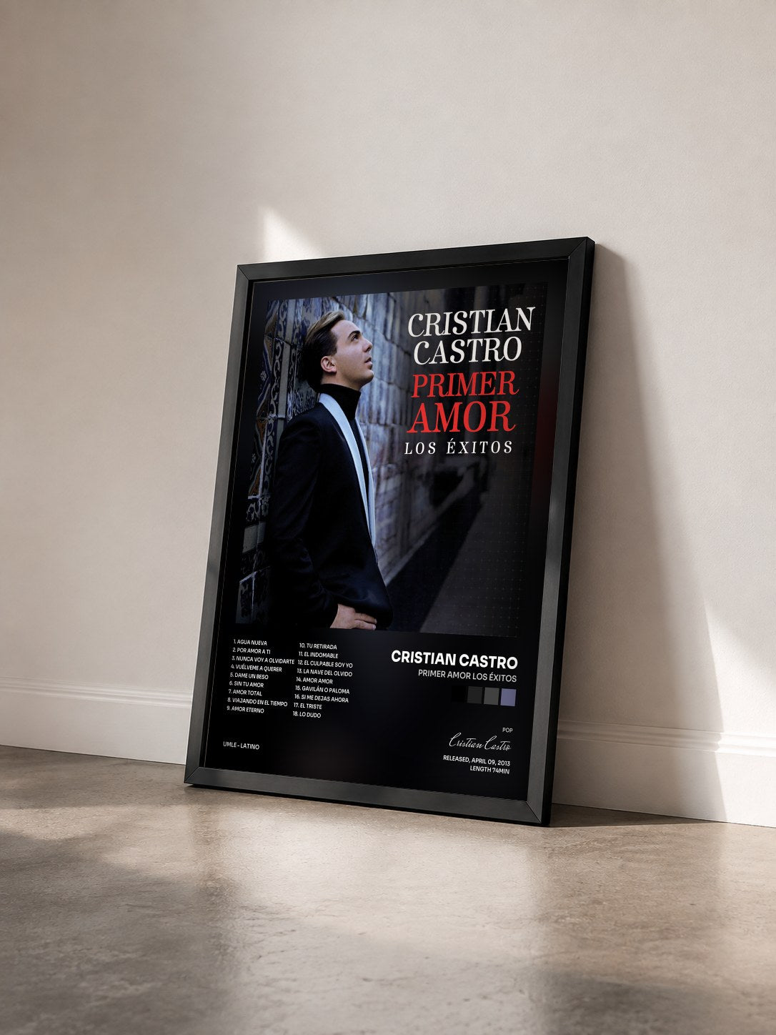 #noir Tableau de l'album Primer Amor Los Éxitos de Cristian Castro vu de trois quarts, cadre noir
