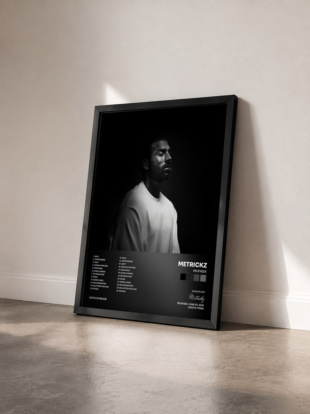 #noir Tableau de l'album Mufasa de Metrickz vu de trois quarts, cadre noir