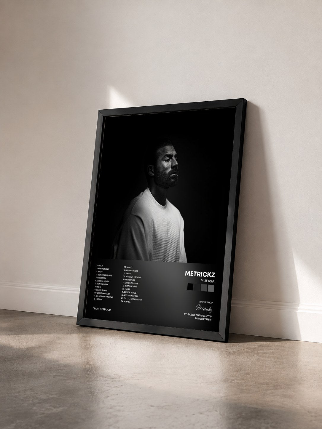 #noir Tableau de l'album Mufasa de Metrickz vu de trois quarts, cadre noir
