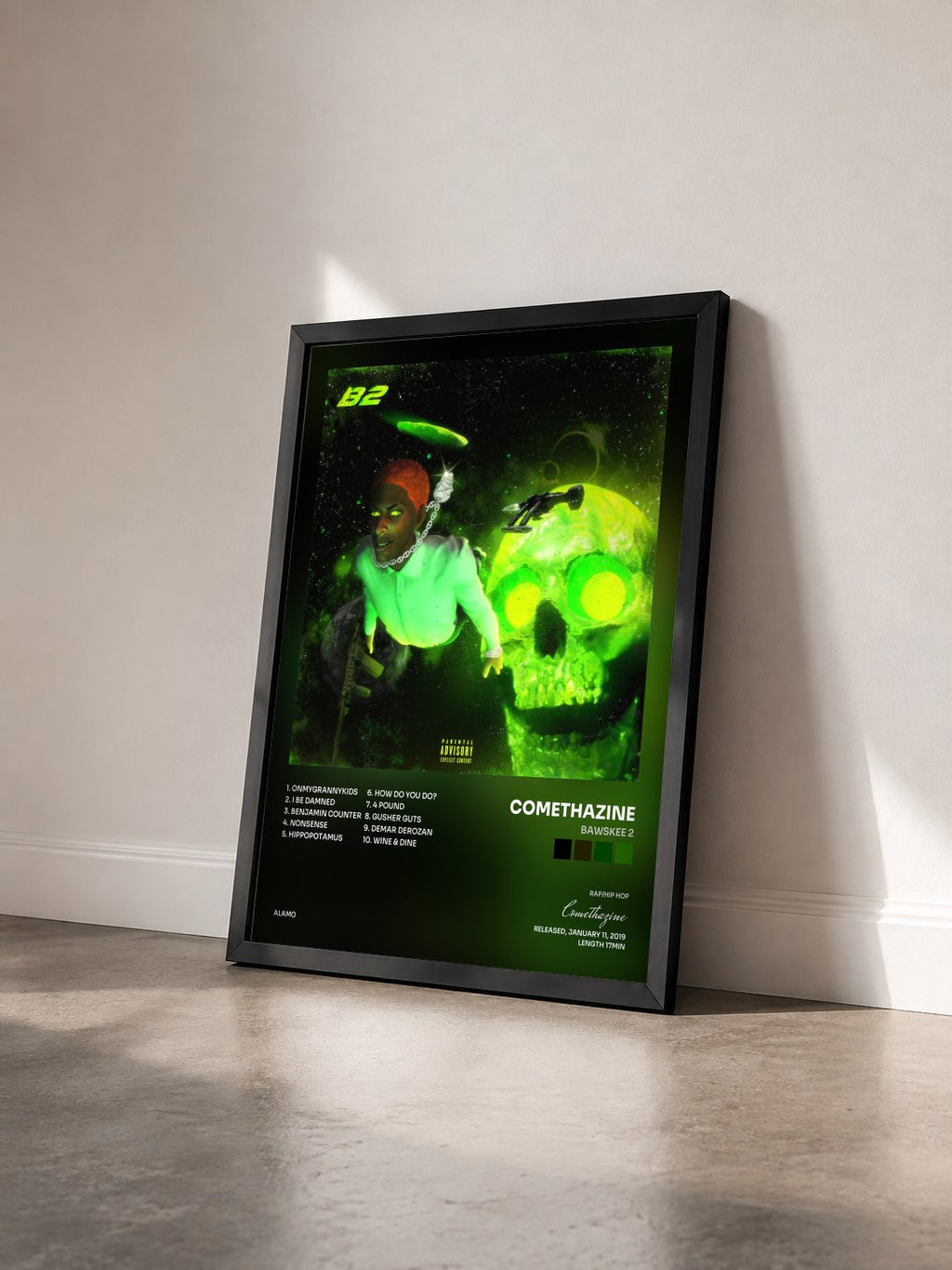 #noir Tableau de l'album Bawskee 2 de Comethazine vu de trois quarts, cadre noir