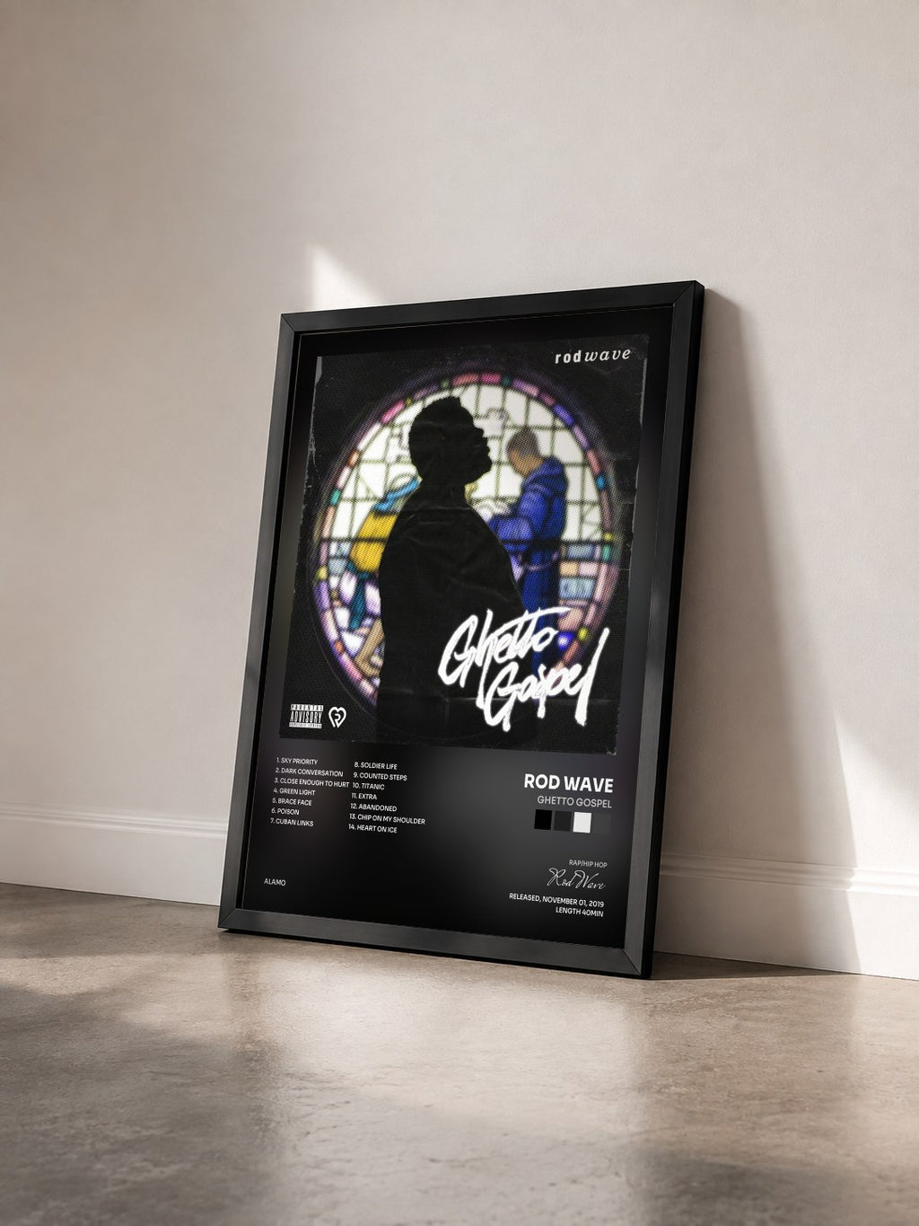 #noir Tableau de l'album Ghetto Gospel de Rod Wave vu de trois quarts, cadre noir
