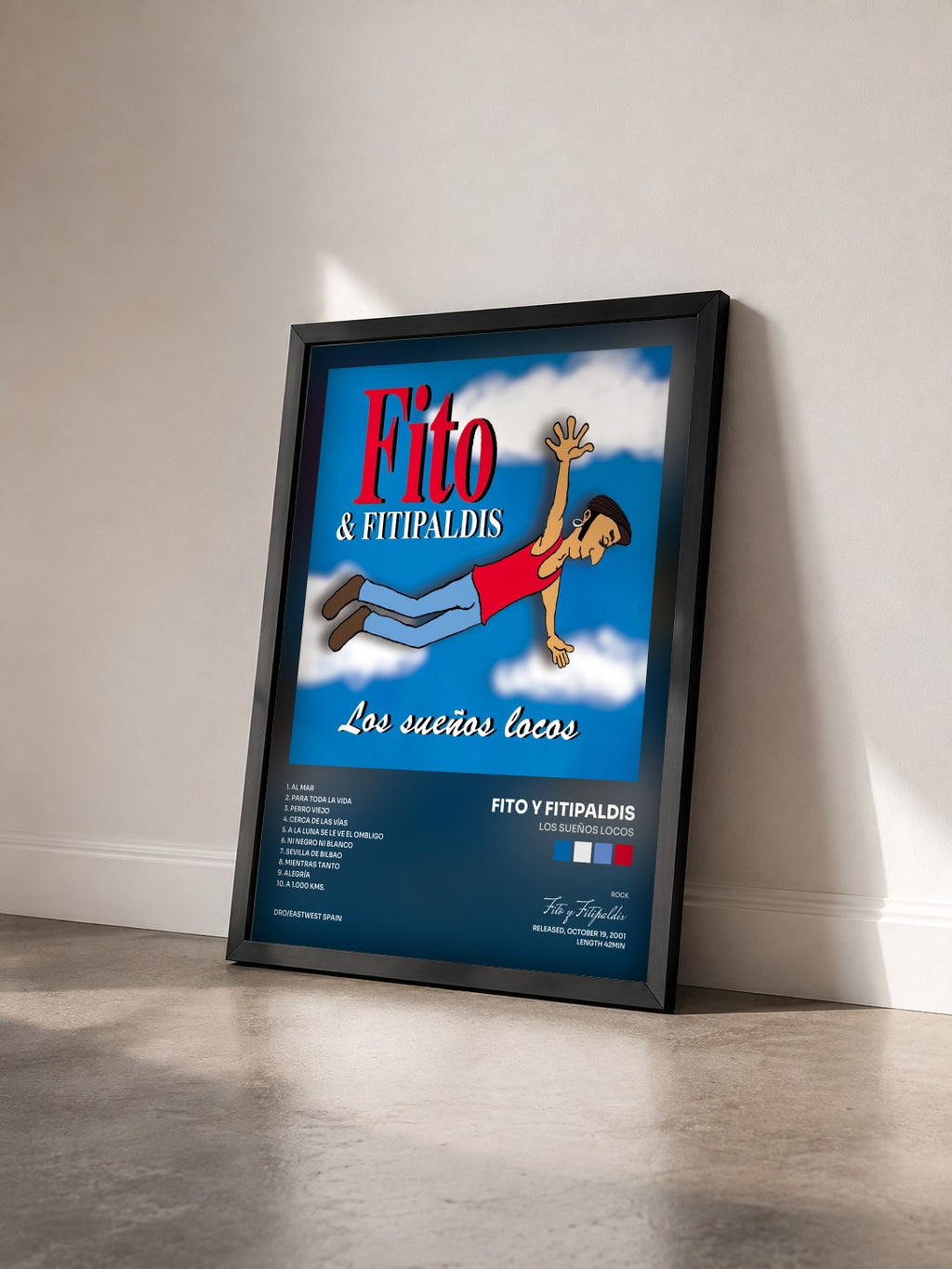 #noir Tableau de l'album Los Sueños Locos de Fito y Fitipaldis vu de trois quarts, cadre noir