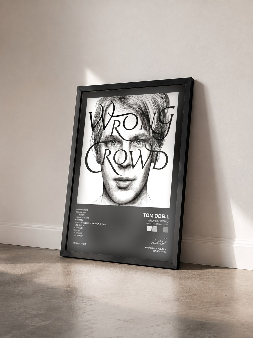 #noir Tableau de l'album Wrong Crowd (East 1st Street Piano Tapes) de Tom Odell vu de trois quarts, cadre noir
