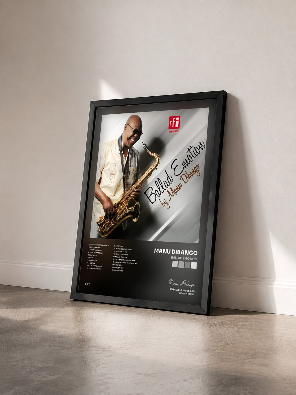 #noir Tableau de l'album Ballad Emotion de Manu Dibango vu de trois quarts, cadre noir