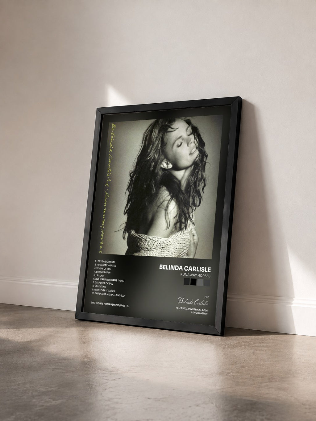 #noir Tableau de l'album Runaway Horses de Belinda Carlisle vu de trois quarts, cadre noir