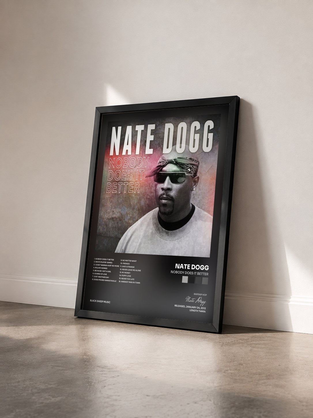 #noir Tableau de l'album Nobody Does It Better de Nate Dogg vu de trois quarts, cadre noir