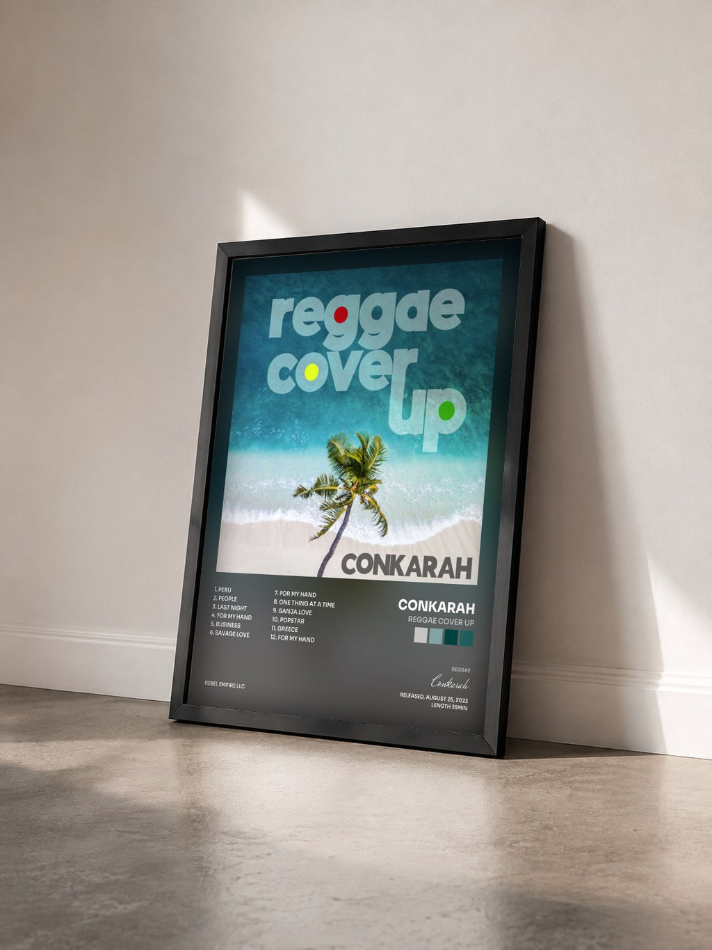 #noir Tableau de l'album Reggae Cover Up de Conkarah vu de trois quarts, cadre noir