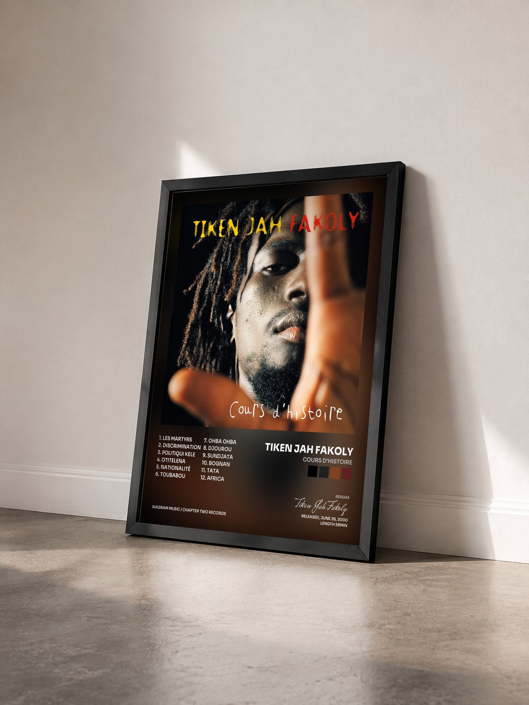 #noir Tableau de l'album Cours d'Histoire de Tiken Jah Fakoly vu de trois quarts, cadre noir