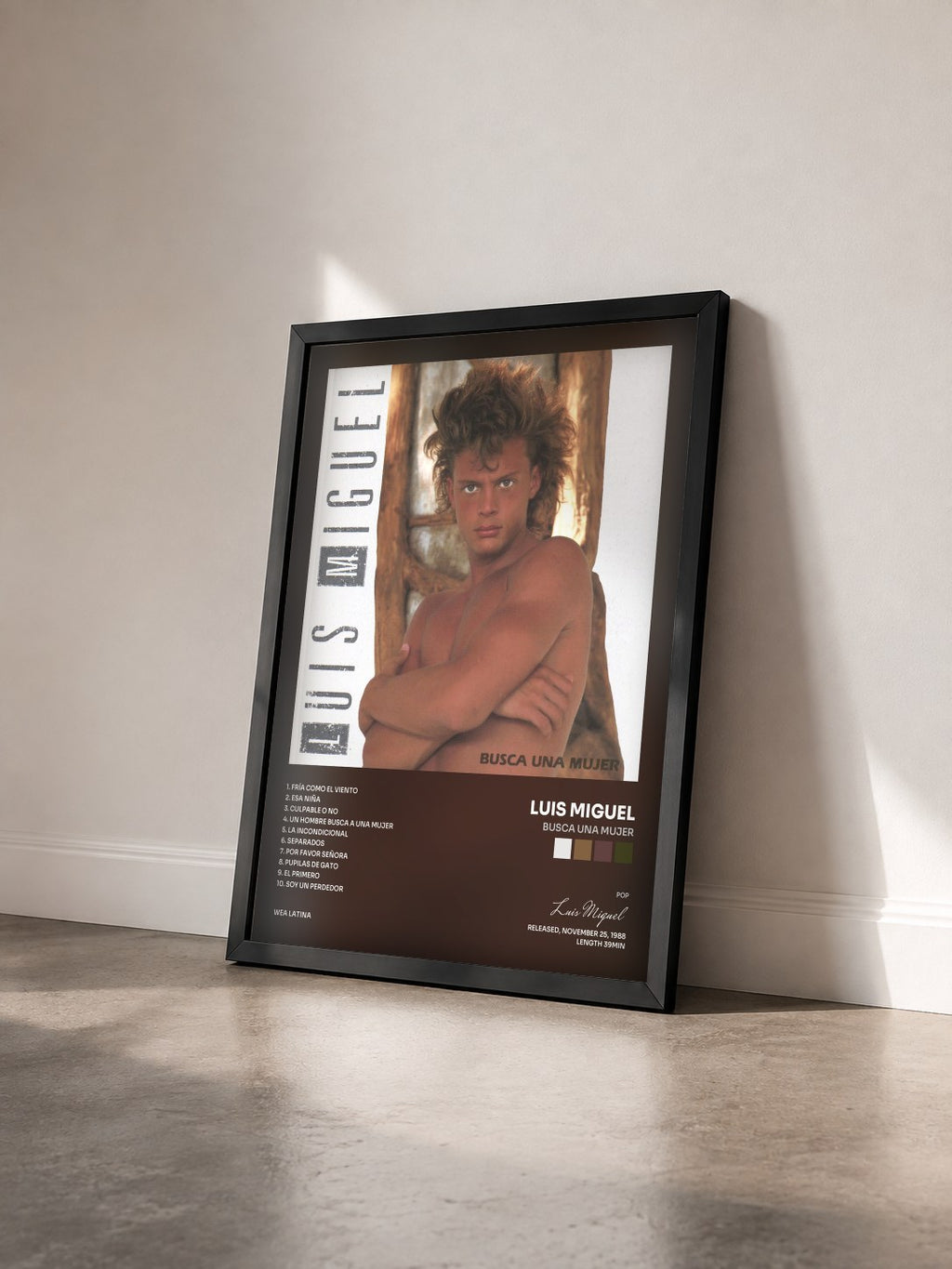 #noir Tableau de l'album Busca Una Mujer de Luis Miguel vu de trois quarts, cadre noir