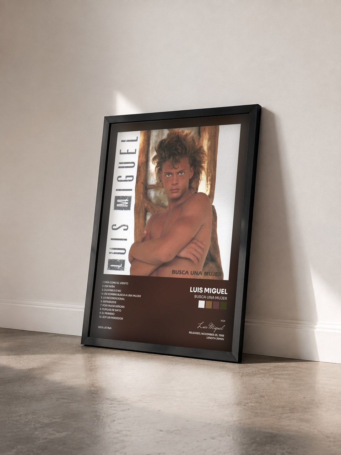 #noir Tableau de l'album Busca Una Mujer de Luis Miguel vu de trois quarts, cadre noir