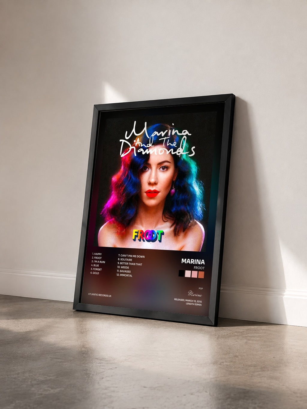 #noir Tableau de l'album Froot de Marina vu de trois quarts, cadre noir